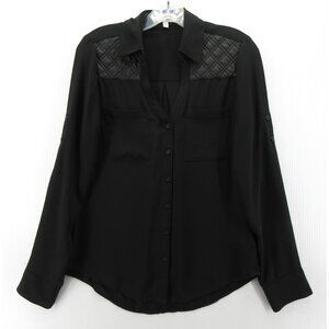 Express Top XS Portofino Blouse Button Up Roll Tab Faux Leather Trim